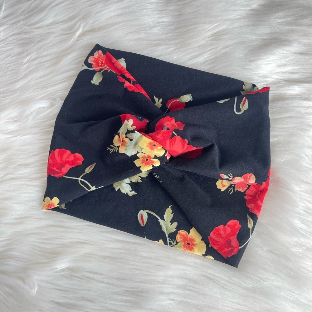 Black & Red Floral Print Jersey Knit Wide Twisted Headband, Spring Headwraps